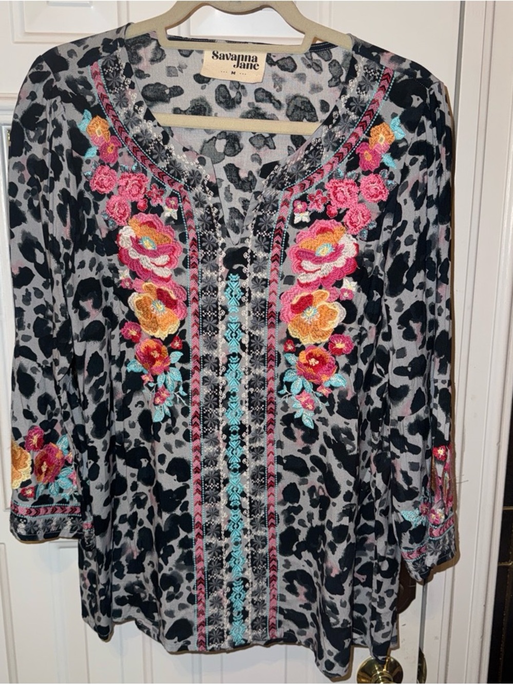 Savanna Jane Black & Gray Leopard Tunic with Pink & Orange Floral Embroidery